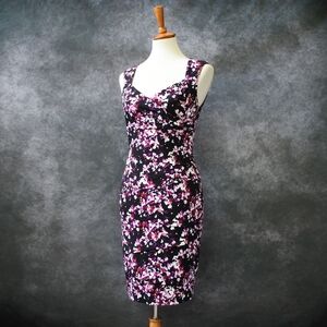 White House Black Market Purple Black Floral Print Dress Size 8